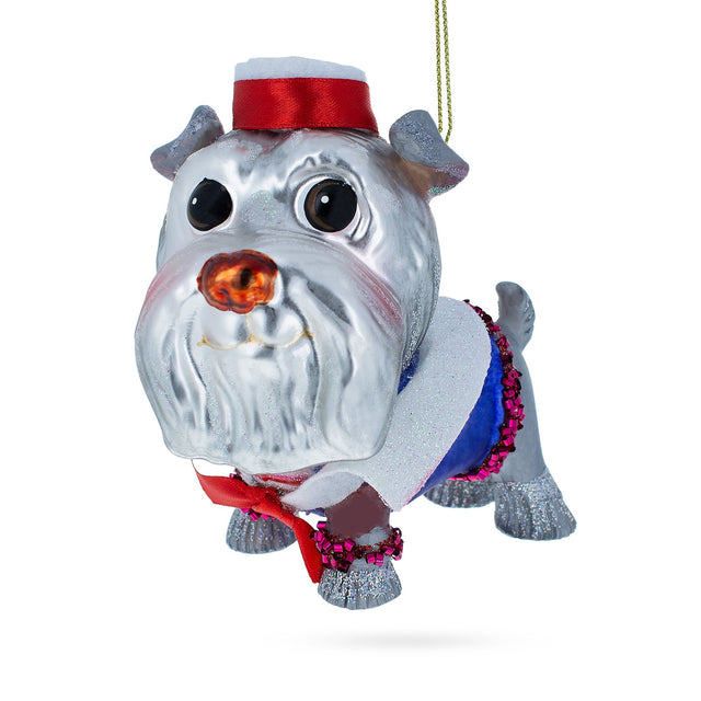 Glass Dapper Schnauzer Sporting a Hat - Blown Glass Christmas Ornament in Silver color