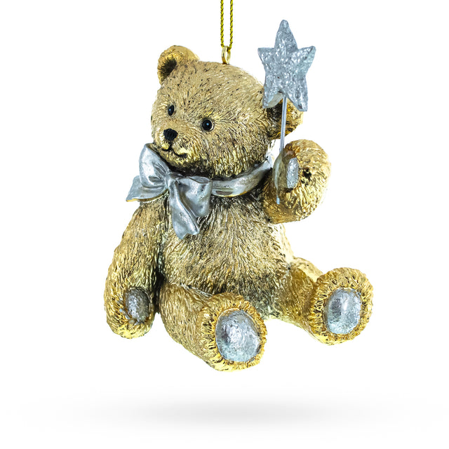 Gold Teddy Bear with a Sparkling Red Bow - Blown Glass Christmas Ornament in Gold color,  shape