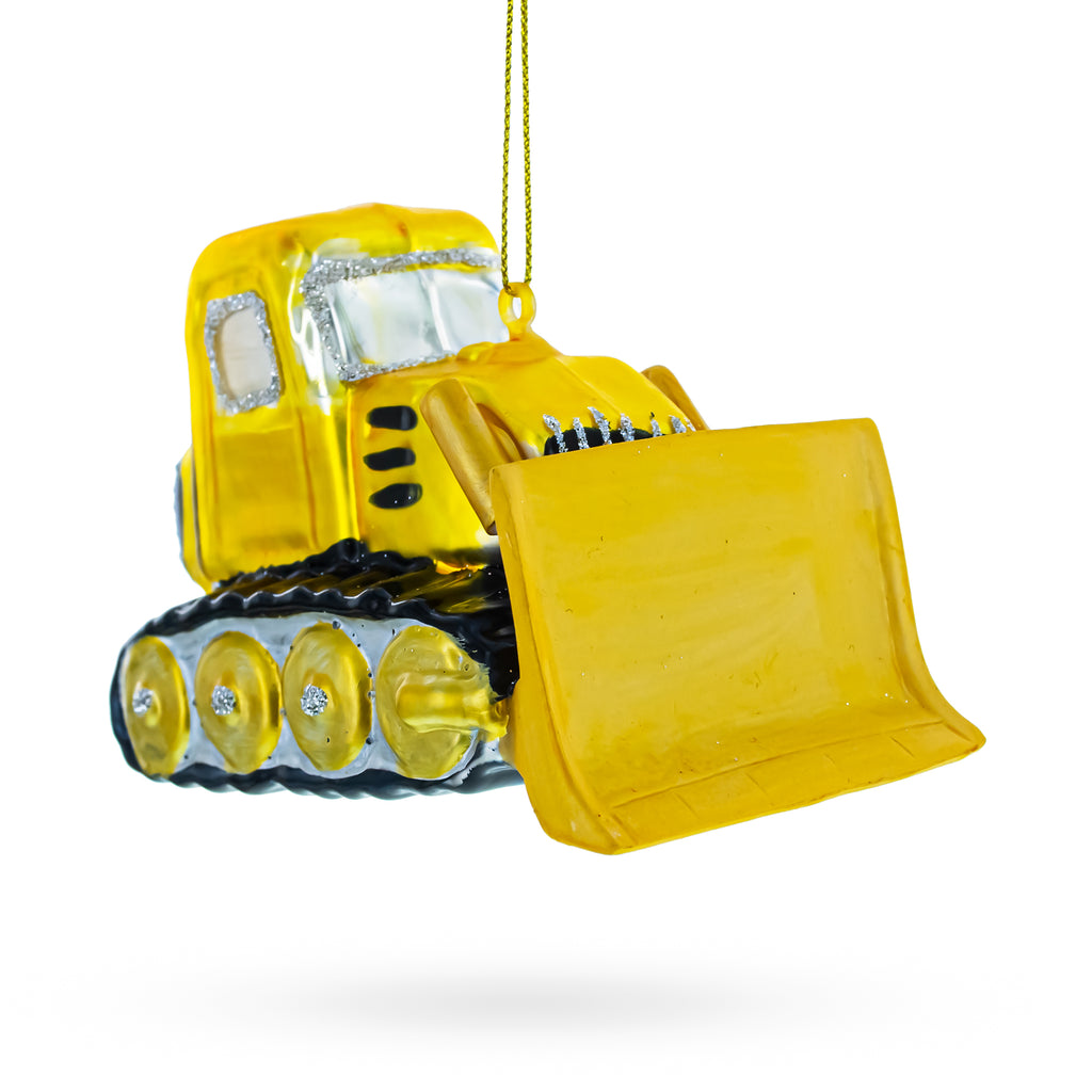 Glass Bright Yellow Bulldozer - Blown Glass Christmas Ornament in Yellow color