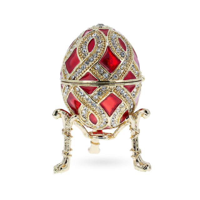 Pewter Red Enamel with Clock Surprise Royal Inspired Imperial Egg in Red color Oval