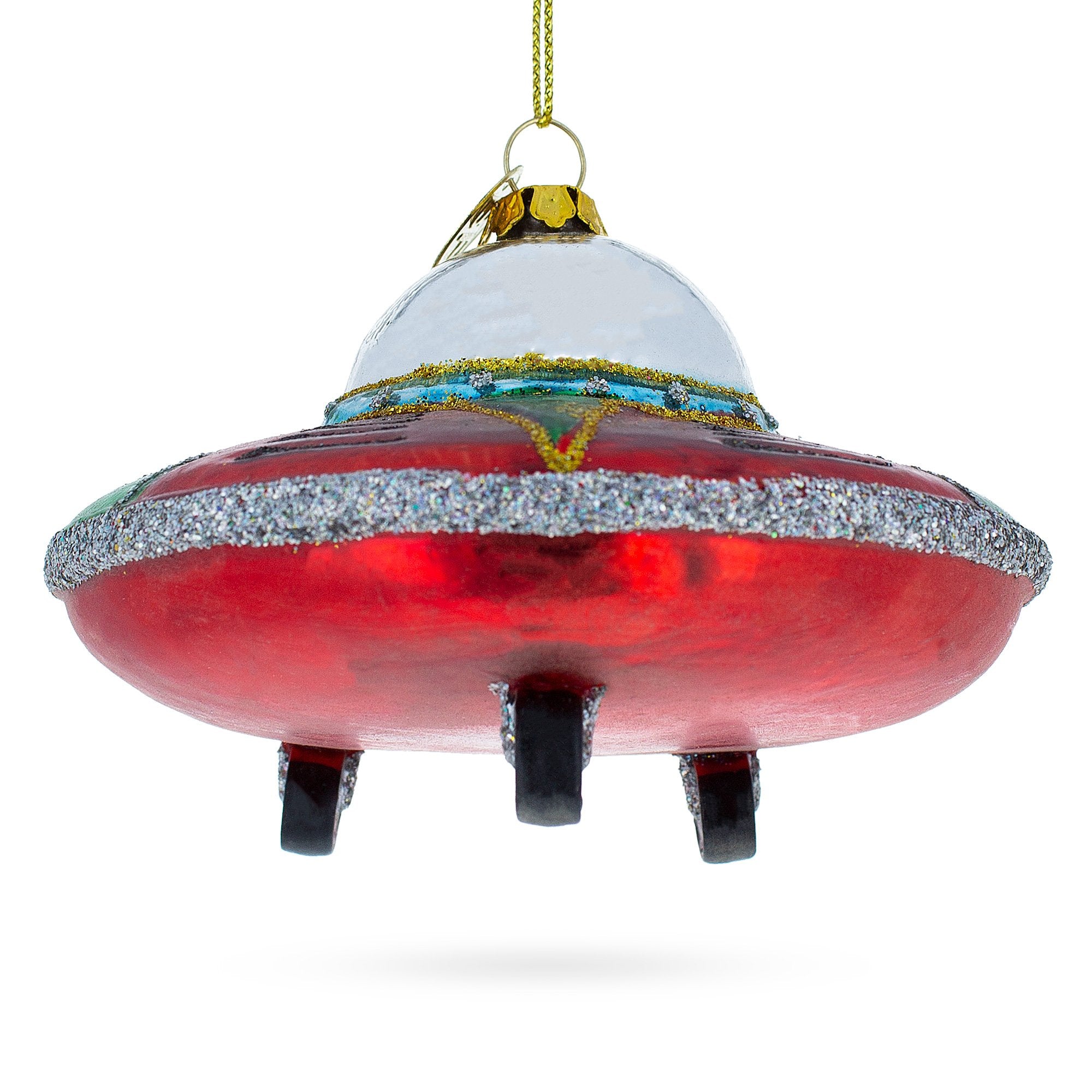 Mysterious UFO / Alien Saucer Blown Glass Christmas OrnamentChina , dimensions in inches: 4.45 x 4.06 x 3.27