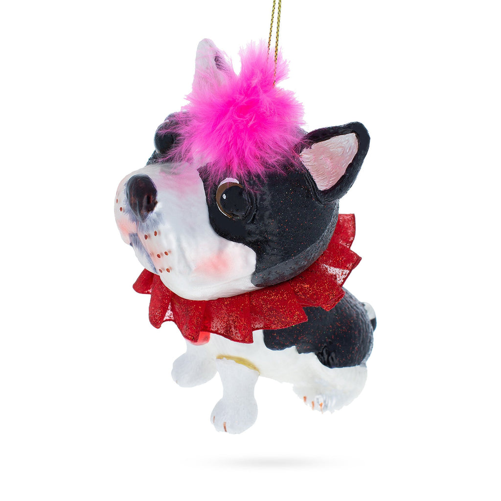 Boston Terrier with Pink Feather Glass Christmas Ornament in Black color Figurine