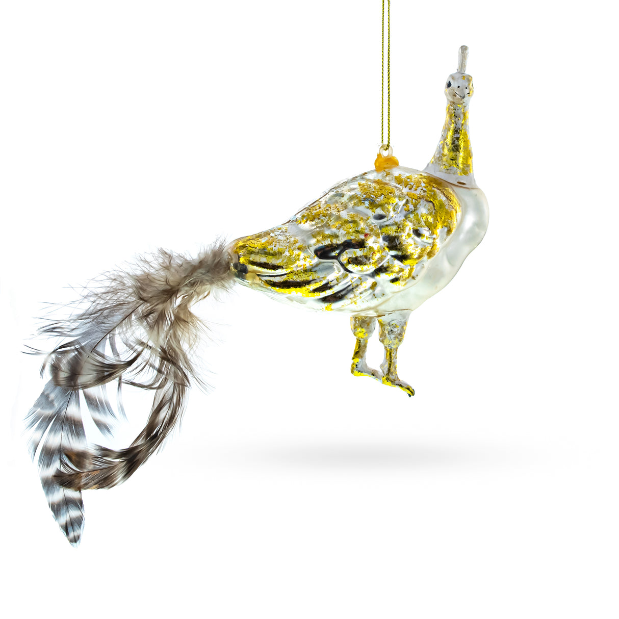 Regal Golden Peacock - Blown Glass Christmas Ornament in Gold color,  shape