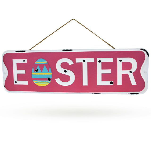 Easter Metal Wall Sign 18 Inch Wide in Pink color, Rectangular shape
