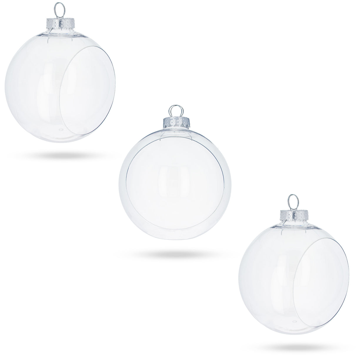 Set of 3 Clear Plastic Christmas Ball Ornaments with Cutout Openings DIY Craft 3.6 Inches in Clear color, Round shape