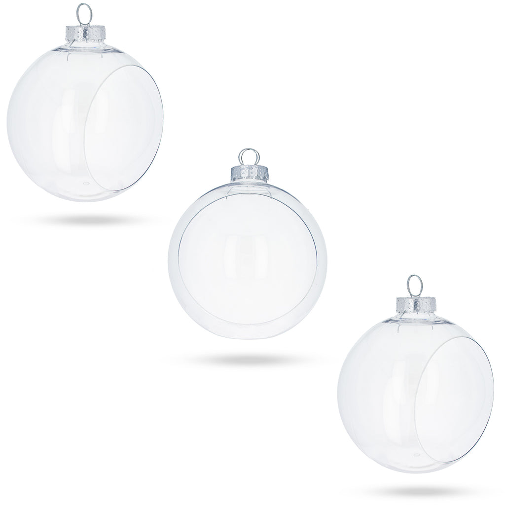 Set of 3 Clear Plastic Christmas Ball Ornaments with Cutout Openings DIY Craft 3.6 Inches in Clear color Round