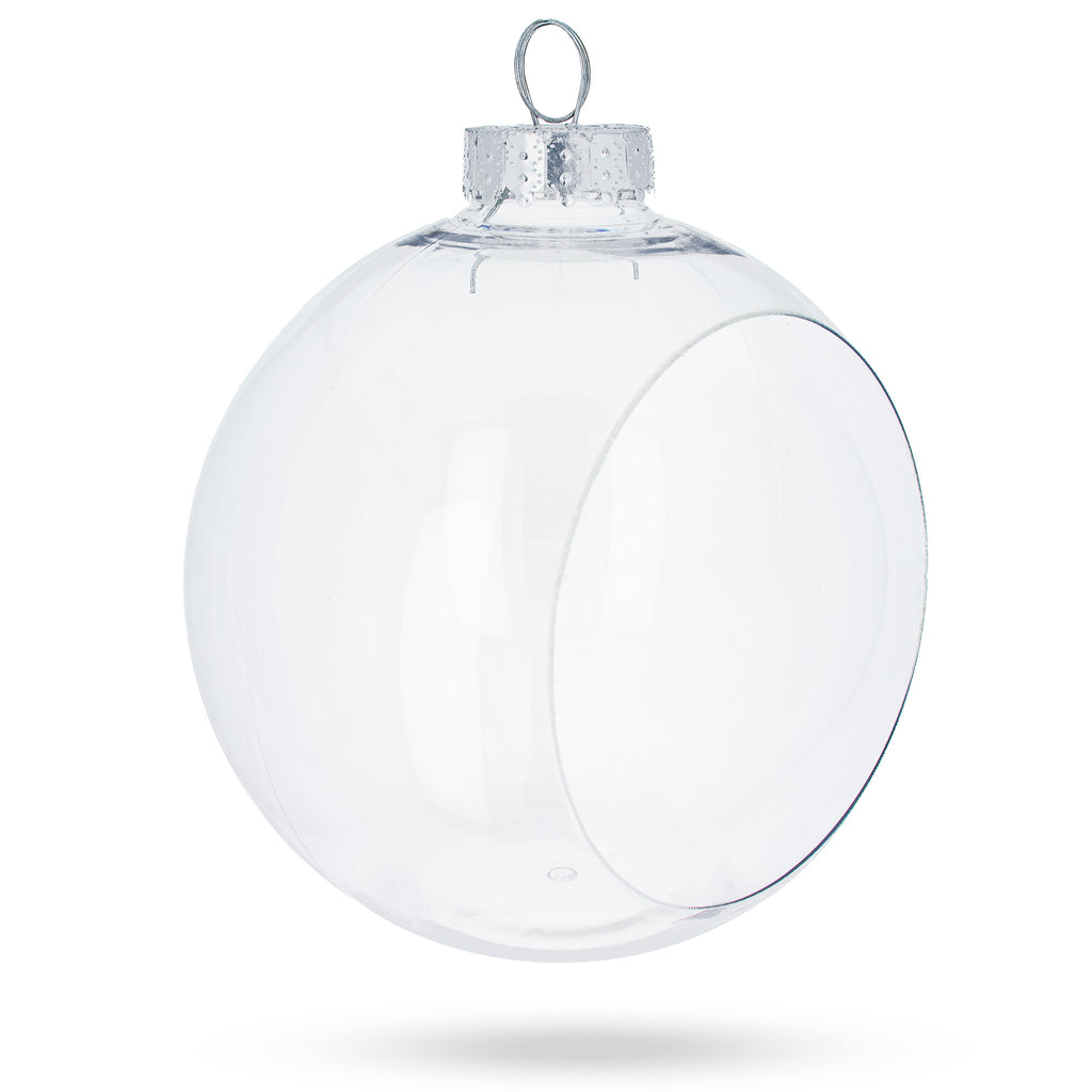 Set of 3 Clear Plastic Christmas Ball Ornaments with Cutout Openings DIY Craft 3.6 InchesChina , dimensions in inches: 3.6 x 3 x 3
