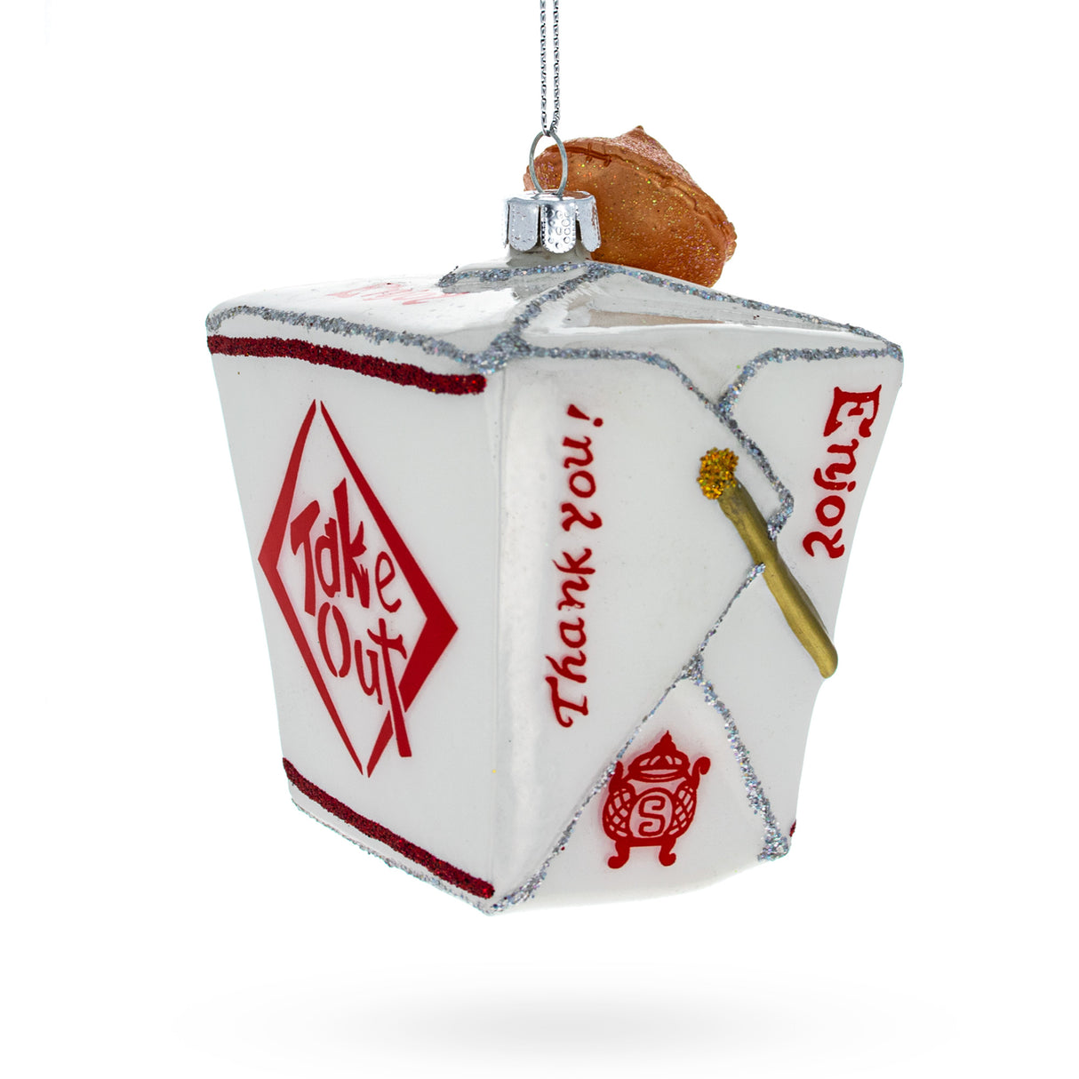 Chinese Takeout Box with Fortune Cookie Glass Christmas Ornament 4.25 Inches in White color,  shape