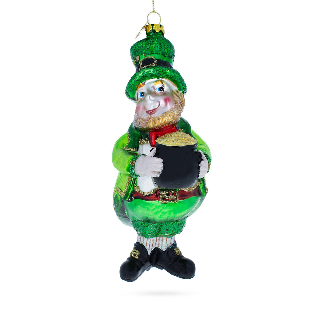 Glass Lucky Leprechaun with Pot of Gold - Blown Glass Christmas Ornament in Multi color