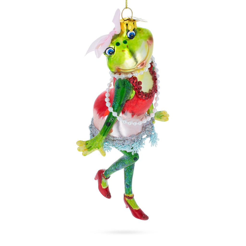 Frog in Dress Dancing Glass Christmas Ornament in Green color Figurine