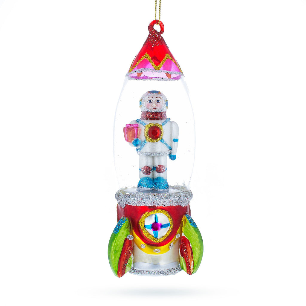 Glass Trailblazing Astronaut Inside Spaceship - Blown Glass Christmas Ornament in Multi color