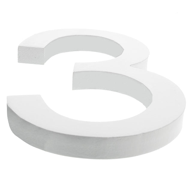 Arial Font White Painted MDF Wood Number 3 (Three) 6 Inches in White color,  shape