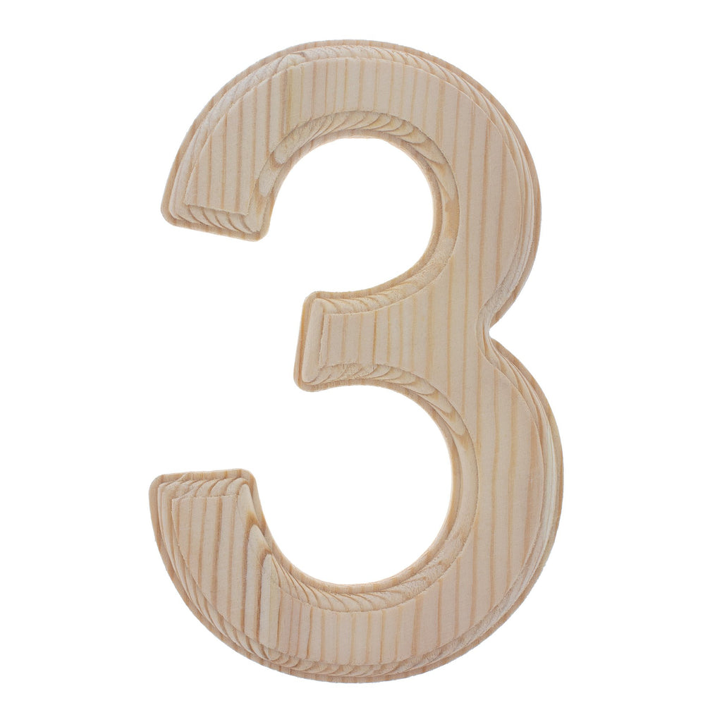 Unfinished Wooden Arial Font Number 3 (Three) 6.25 Inches in Beige color