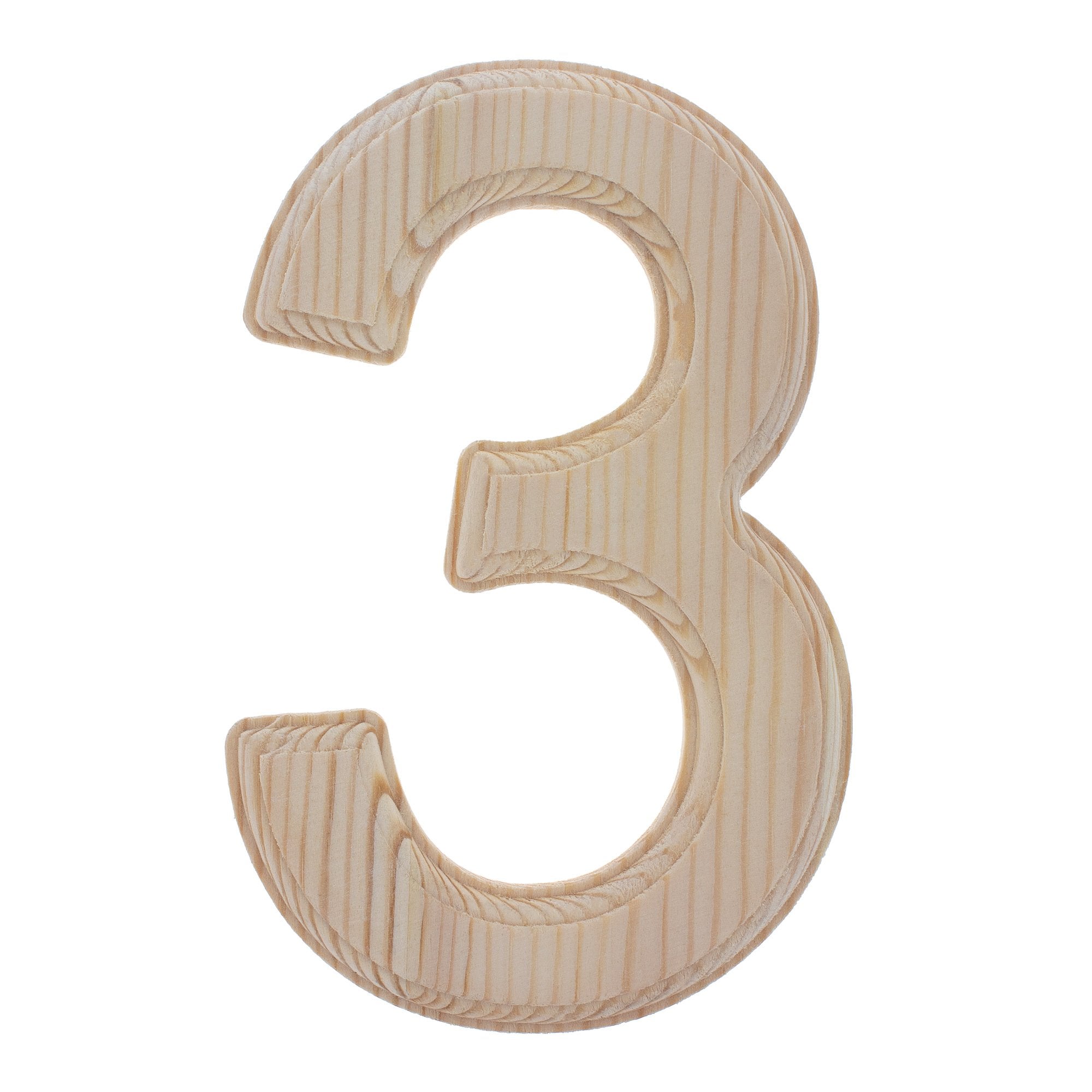 Unfinished Wooden Arial Font Number 3 (Three) 6.25 Inches in Beige color