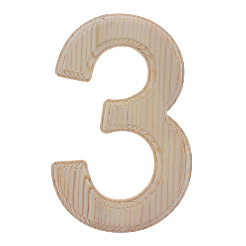 Unfinished Wooden Arial Font Number 3 (Three) 6.25 Inches in Beige color