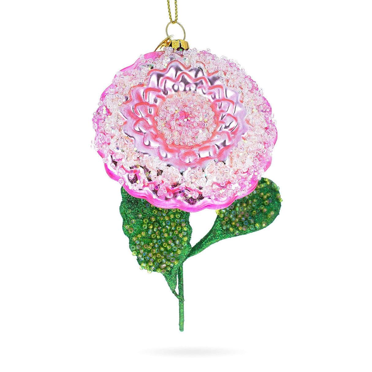 Glass Delicate Pink Flower with Colorful Beads - Blown Glass Christmas Ornament in Pink color
