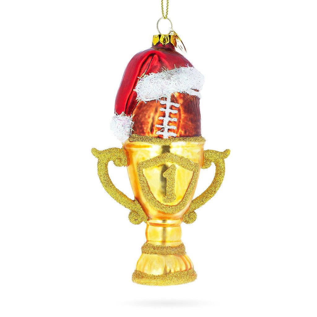 Glass Champion Football Trophy in Santa Hat - Blown Glass Christmas Ornament in Multi color