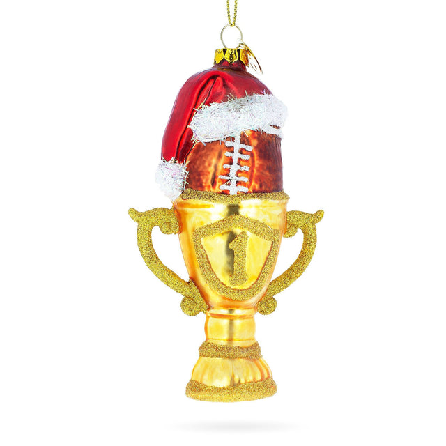 Champion Football Trophy in Santa Hat - Blown Glass Christmas Ornament in Multi color,  shape