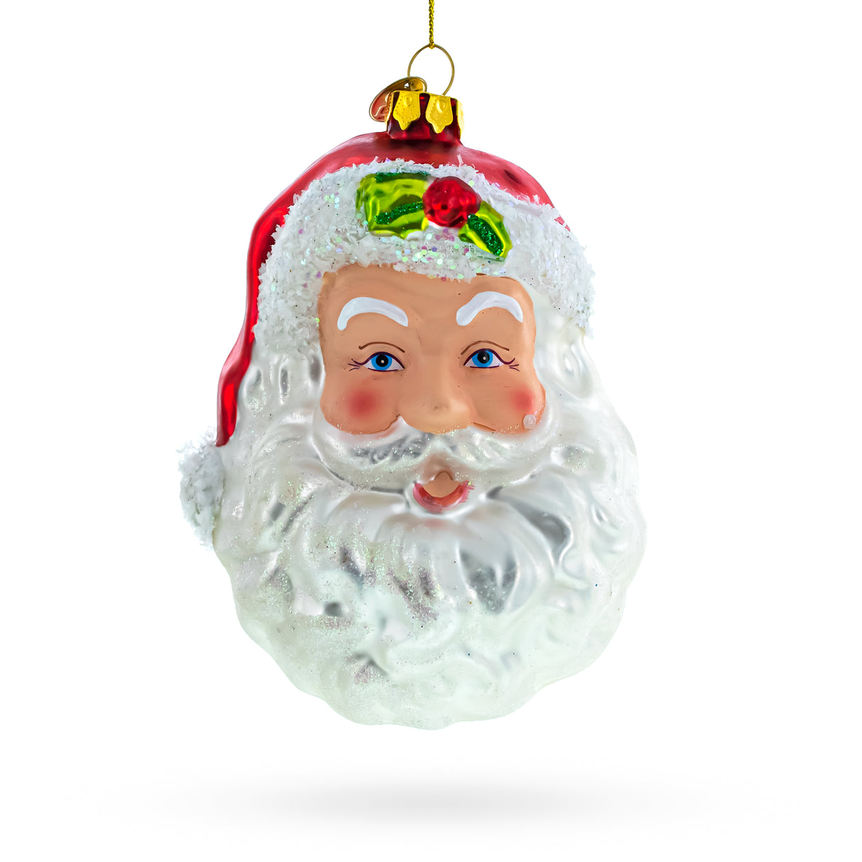 Merry Santa's Head with Mistletoe - Blown Glass Christmas Ornament in White color,  shape