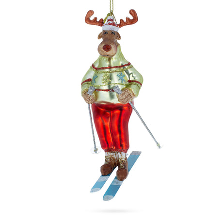 Glass Festive Reindeer Skiing - Blown Glass Christmas Ornament in Multi color