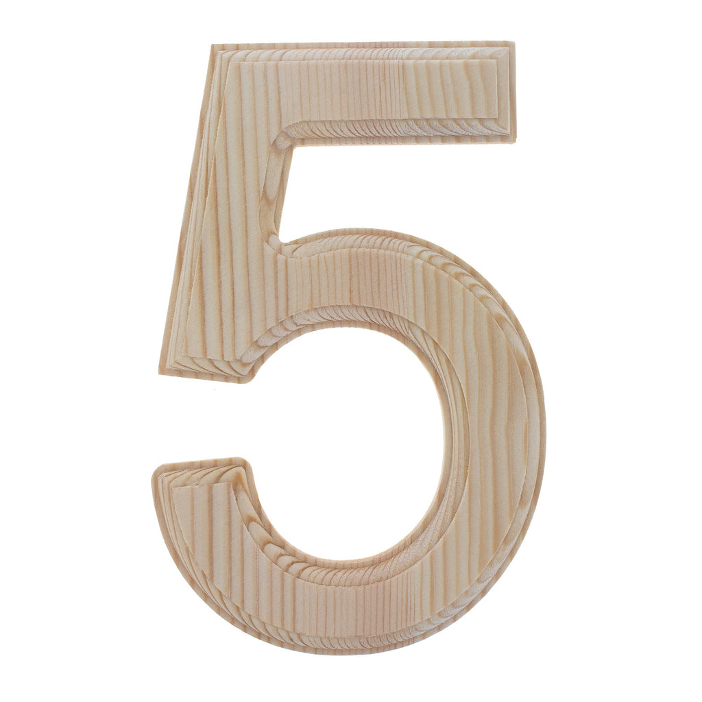 Unfinished Wooden Arial Font Number 5 (Five) 6.25 Inches in Beige color