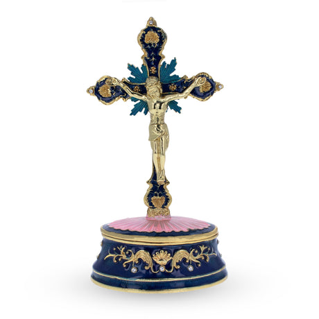 Jeweled Standing Metal Cross Trinket or Rosary Box in Multi color,  shape