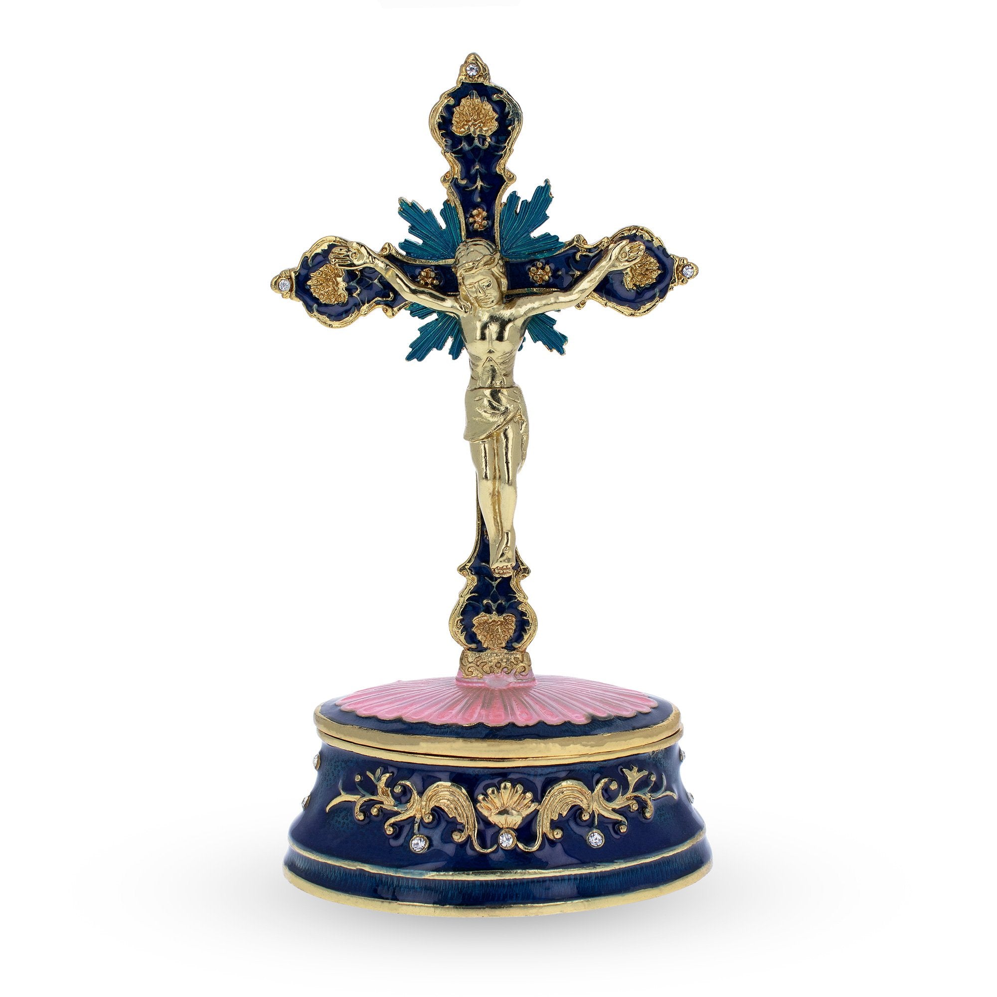 Jeweled Standing Metal Cross Trinket or Rosary Box in Multi color