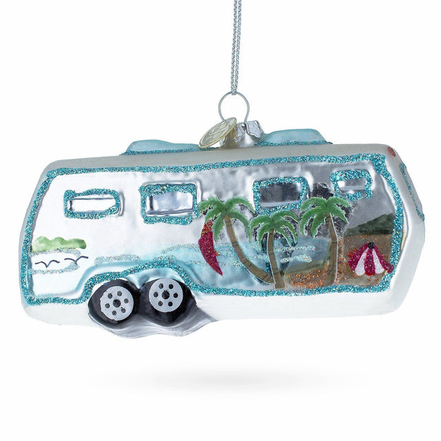 Silver Camper Trailer Glass Christmas Ornament in Multi color