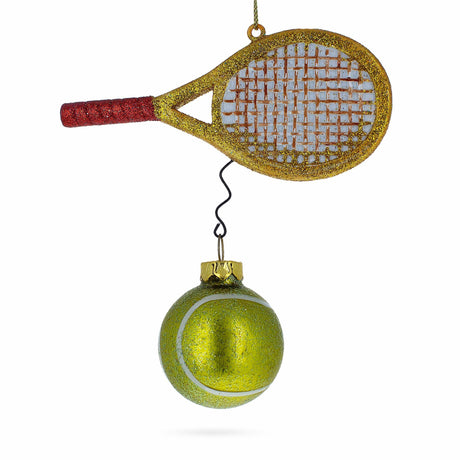 Sporty Tennis Racket and Ball - Blown Glass Christmas Ornament in Multi color,  shape