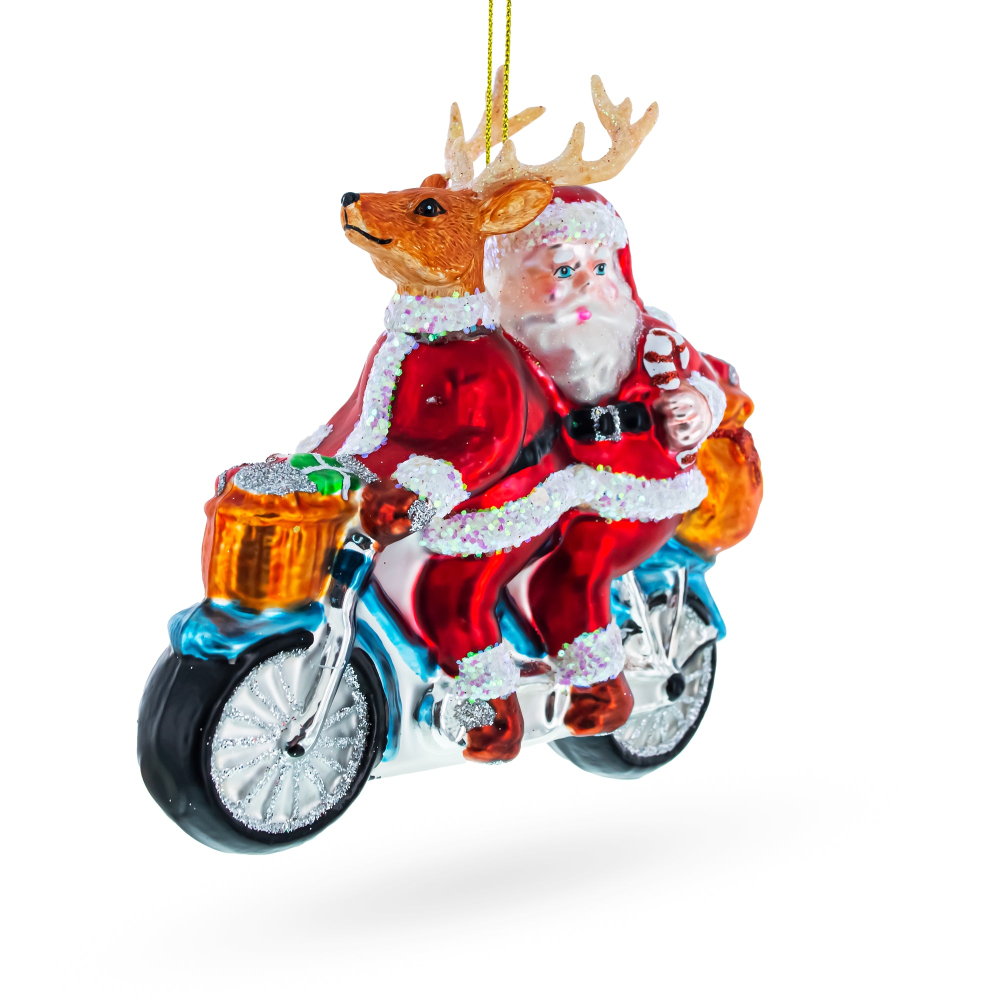 Santa and Reindeer Riding a Tandem Bike Glass Christmas Ornament in Multi color Figurine