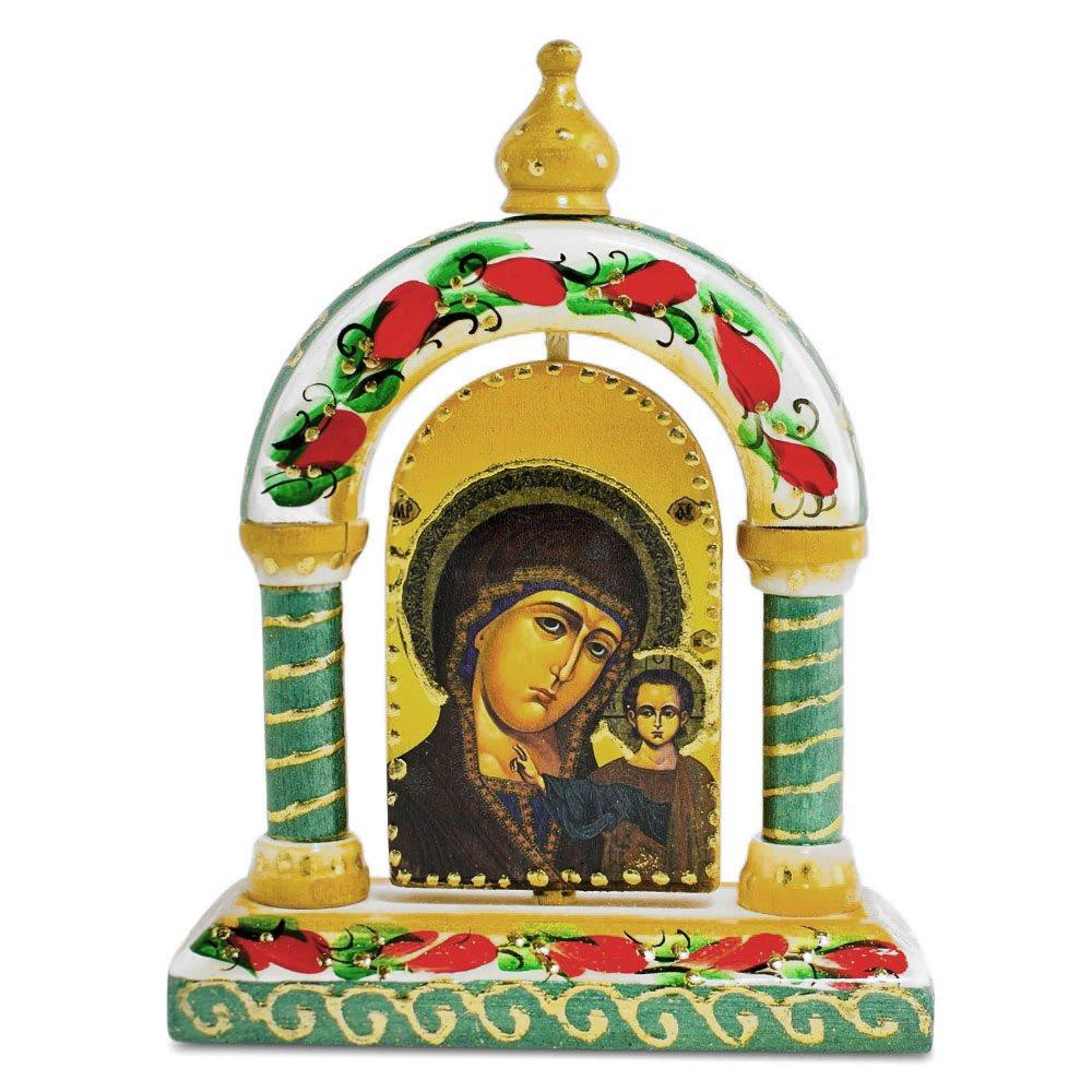 Maria and Jesus Icon Wooden Tabletop Shrine 5 Inches in Green color