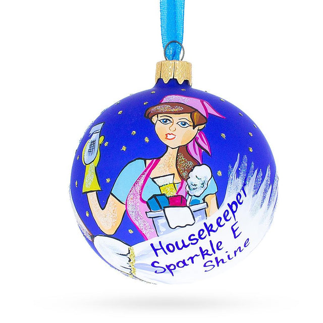 Diligent Housekeeper (Maid) - Blown Glass Ball Christmas Ornament 3.25 Inches in Blue color, Round shape