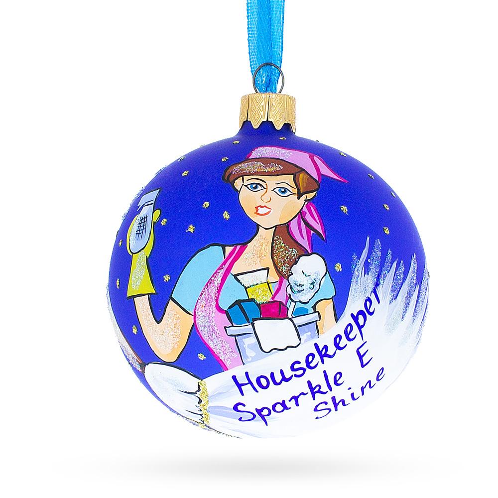 Glass Diligent Housekeeper (Maid) - Blown Glass Ball Christmas Ornament 3.25 Inches in Blue color Round
