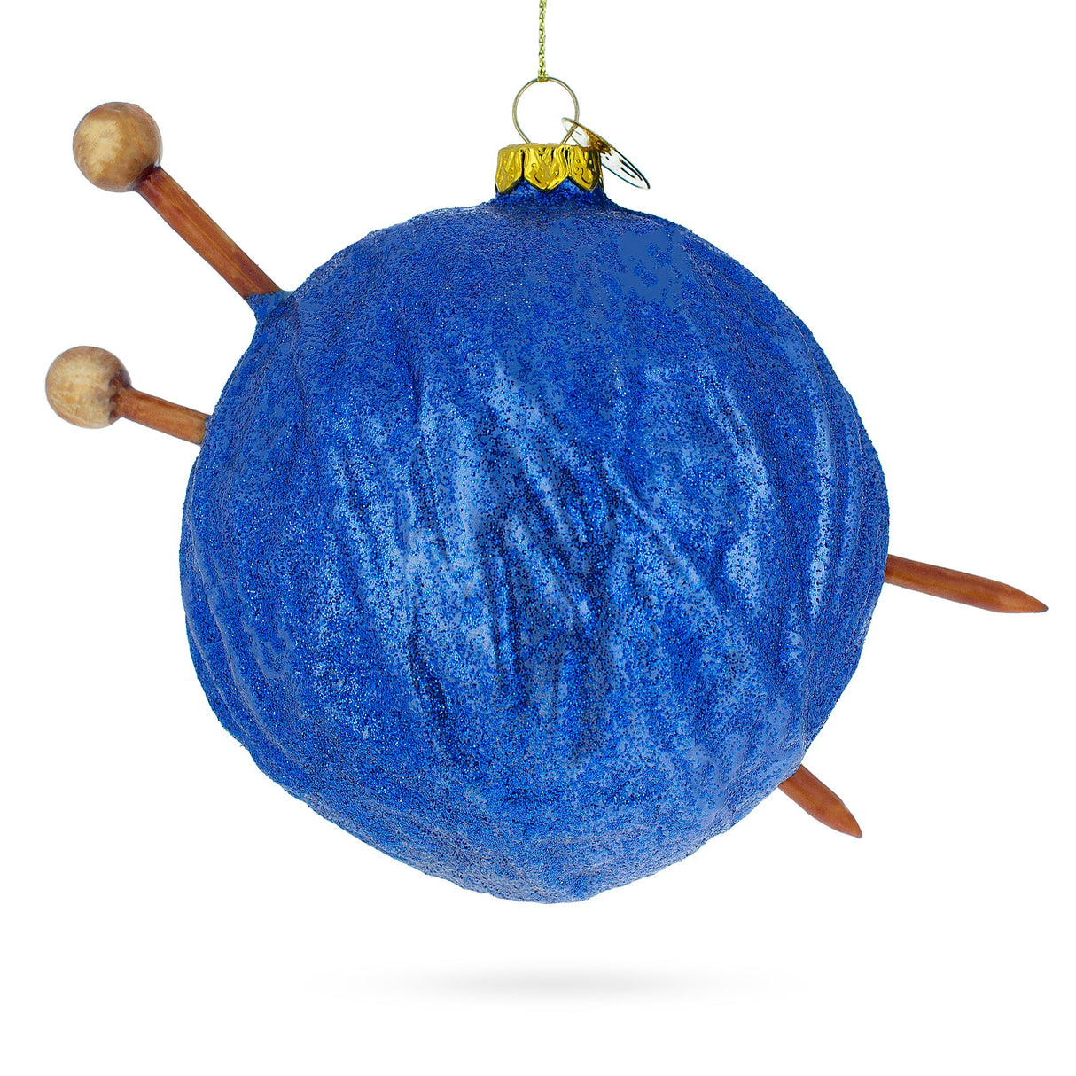 Blue Yarn Ball and Sticks - Blown Glass Christmas Ornament in Blue color, Round shape