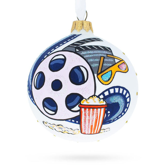 Cinema Enthusiast: Movie Lover Blown Glass Ball Christmas Ornament 3.25 Inches in White color, Round shape