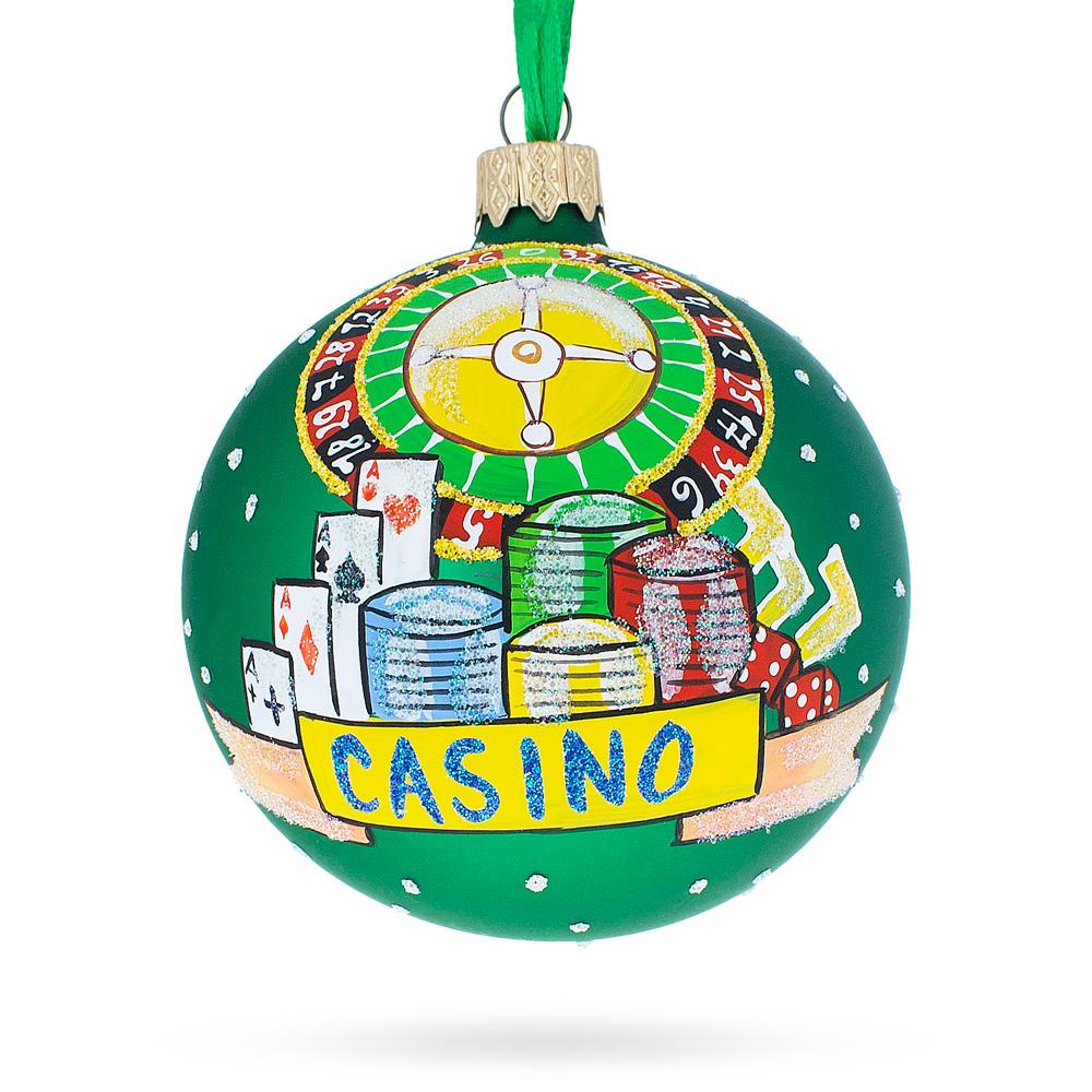 Vegas Spin: Casino Roulette Table Blown Glass Ball Christmas Ornament 3.25 Inches in Green color, Round shape