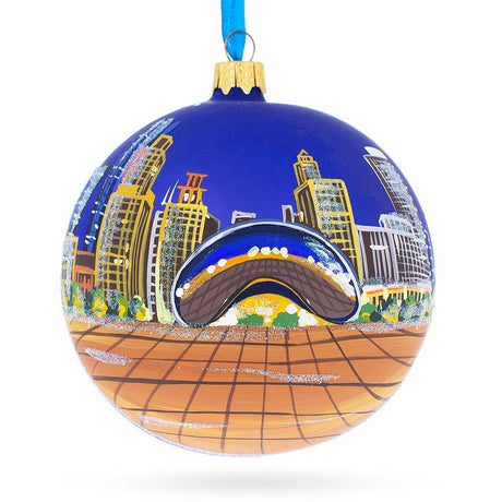 Chicago Reflections at Night Glass Ball Christmas Ornament 4 Inches in Blue color, Round shape