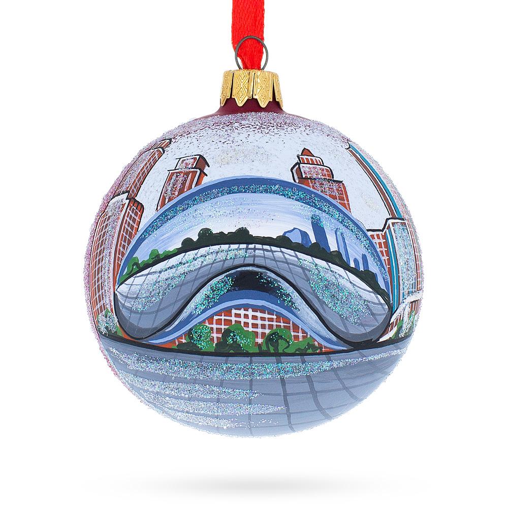 Glass Chicago Cityscape Reflections Glass Ball Christmas Ornament 3.25 Inches in Blue color Round