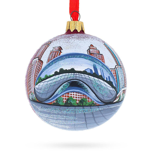 Chicago Cityscape Reflections Glass Ball Christmas Ornament 3.25 Inches in Blue color, Round shape