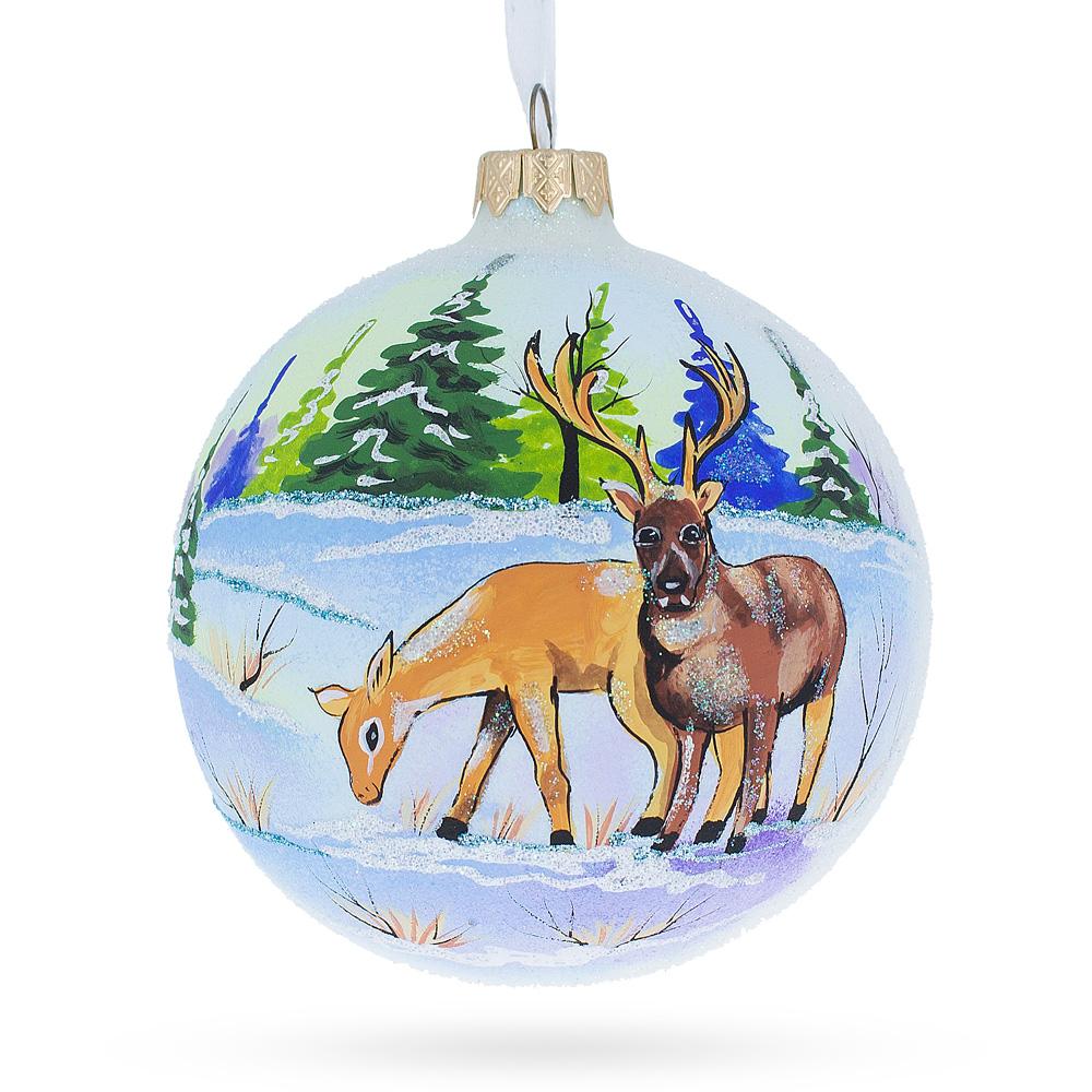 Glass Majestic Deer in Winter Forest Blown Glass Ball Christmas Ornament 4 Inches in Multi color Round
