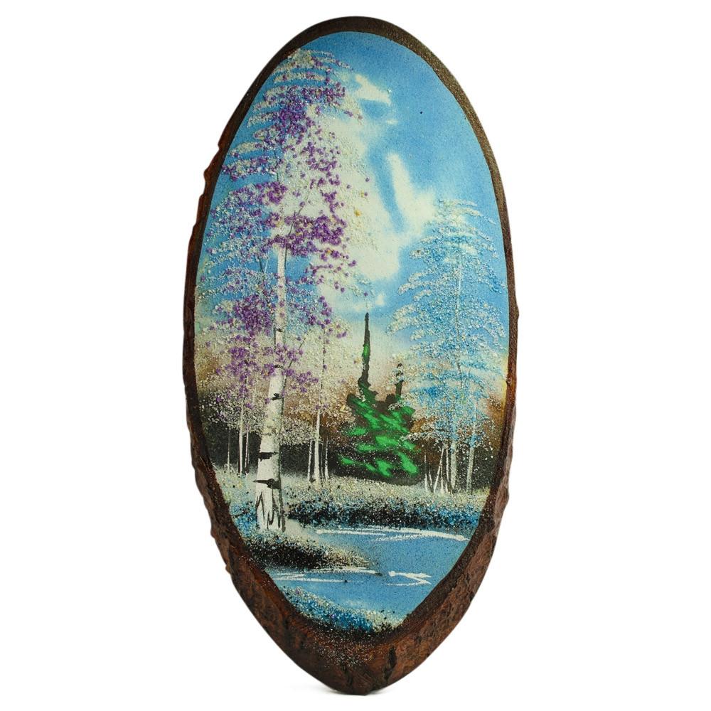Wood Winter Landscape Wood Cut Painting Wall Art Plaque 15 Inches in Blue color Oval