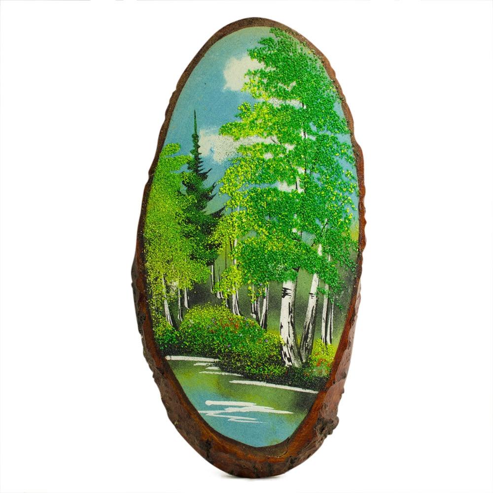 Wood Spring Forest Woodcut Painting Wall Art Plaque 15 Inches in Green color Oval