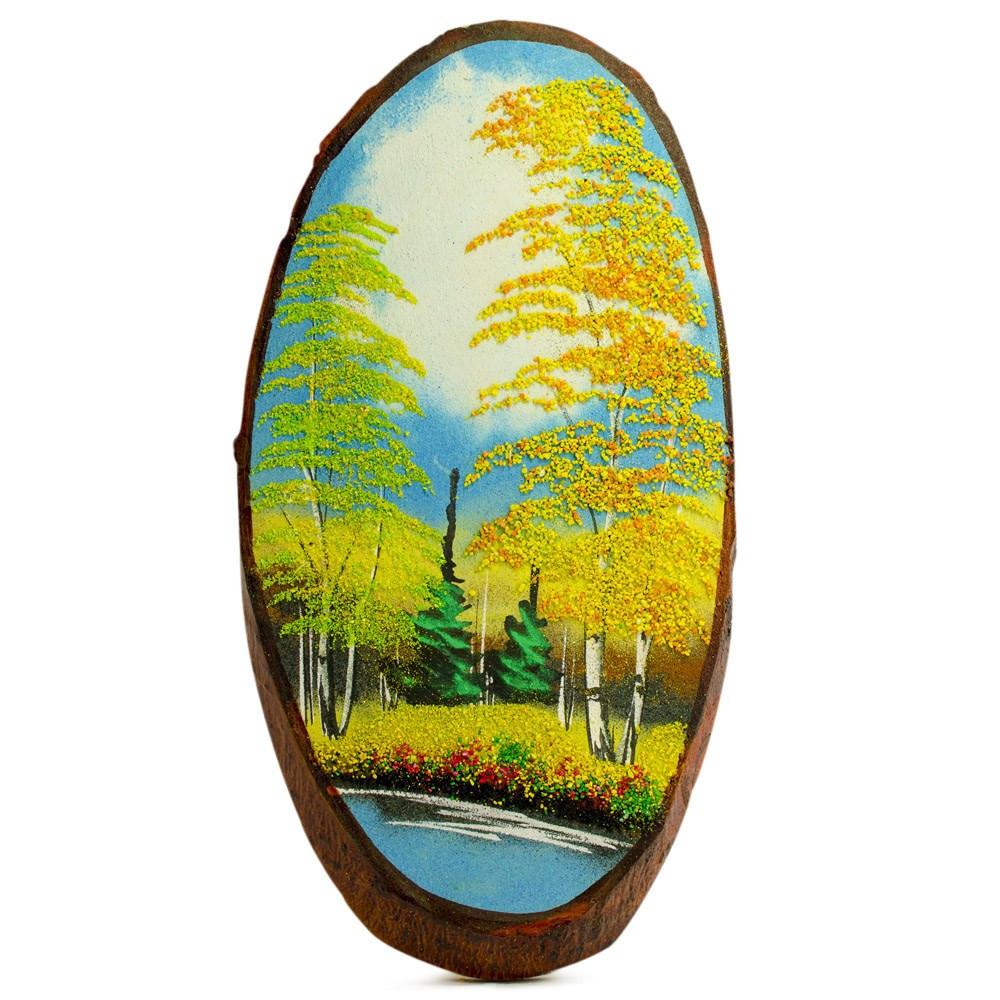 Wood Autumn in the Forest Woodcut Painting Wall Art Plaque 15 Inches in Yellow color Oval