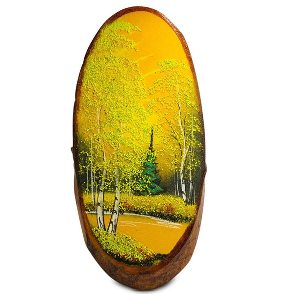 Forest in the Fall Woodcut Painting Wall Art Plaque 14 Inches in Yellow color, Oval shape