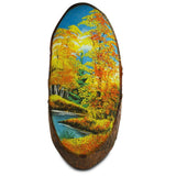Autumn on River Banks Woodcut Painting Wall Art Plaque in Yellow color Oval