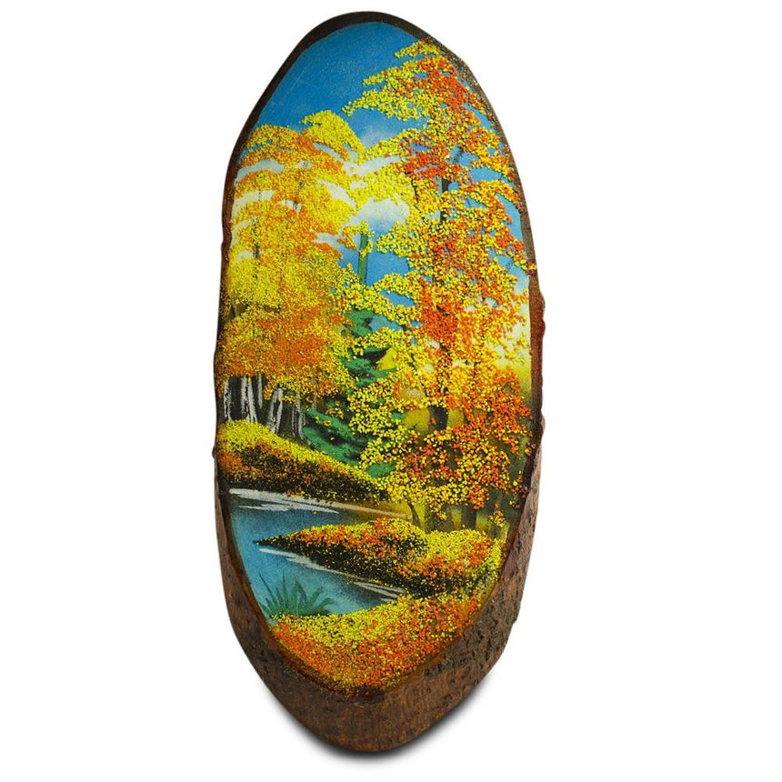 Autumn on River Banks Woodcut Painting Wall Art Plaque in Yellow color Oval