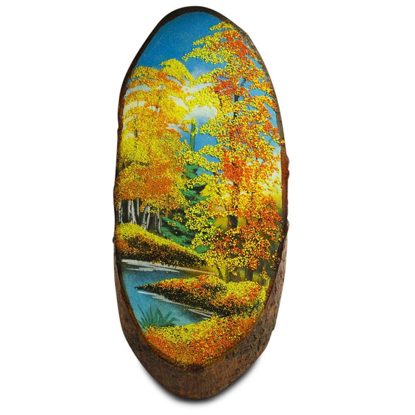 Autumn on River Banks Woodcut Painting Wall Art Plaque in Yellow color, Oval shape