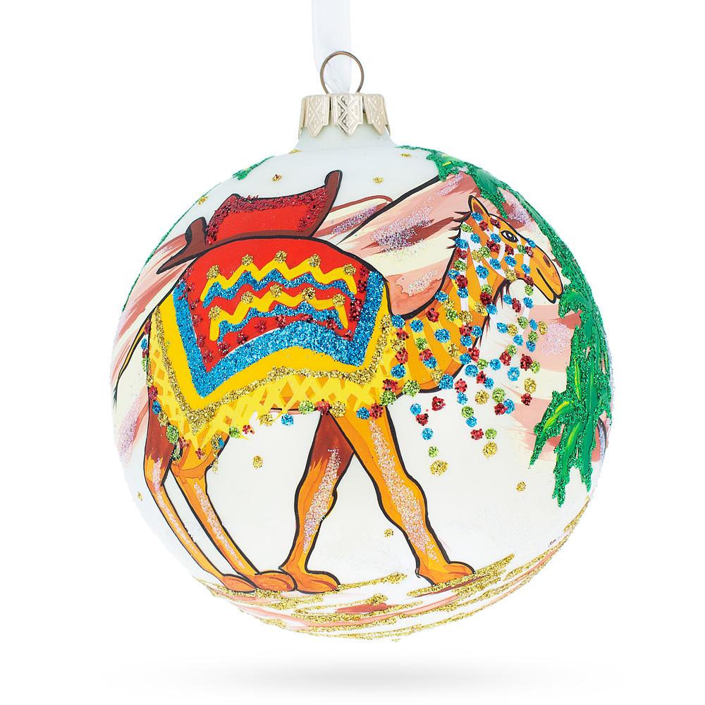 Glass Festive Camel Blown Glass Ball Christmas Ornament 4 Inches in Multi color Round