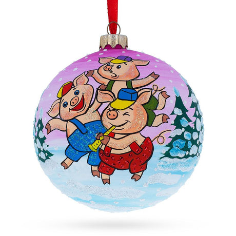 Glass Whimsical Three Little Pigs Blown Glass Ball Christmas Ornament 4 Inches in Multi color Round