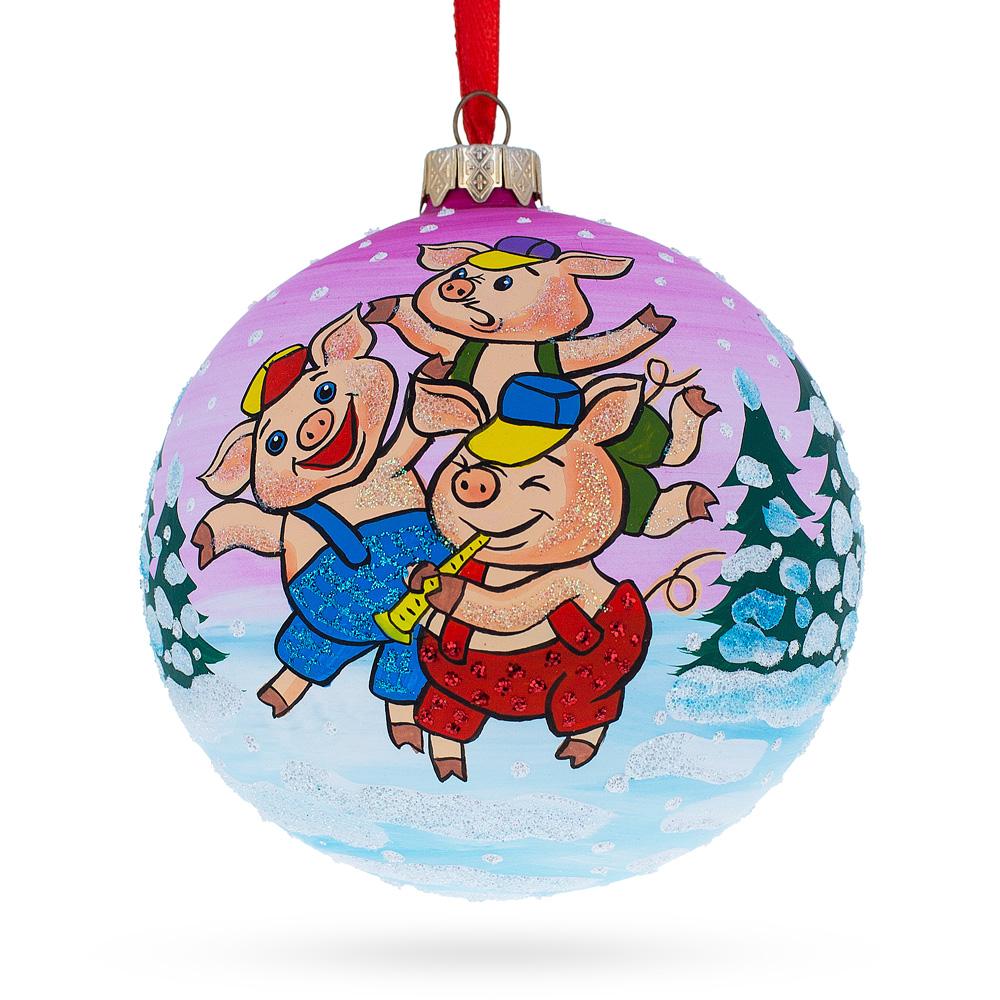 Whimsical Three Little Pigs Blown Glass Ball Christmas Ornament 4 Inches in Multi color, Round shape